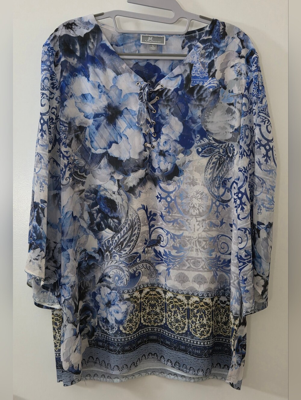JM Collection Blue and White Lace-Up Sheer Floral Tunic